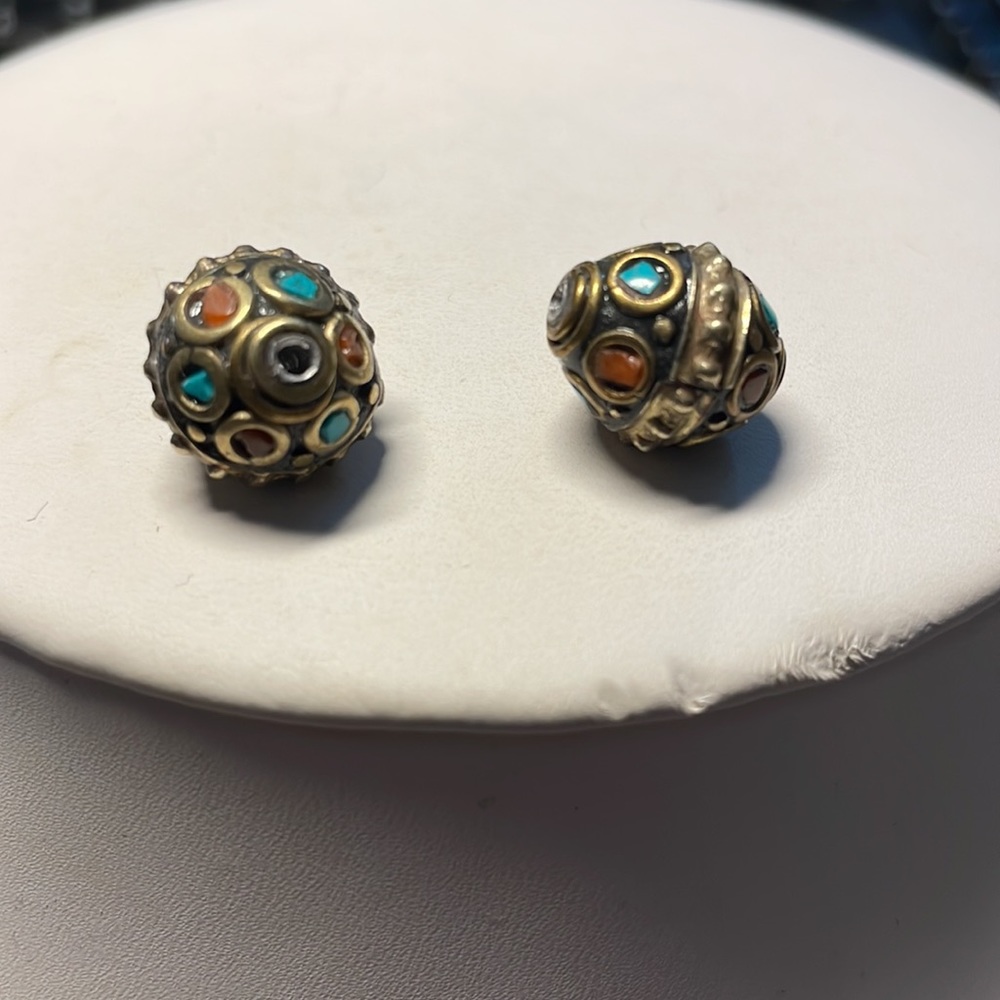 Pair of Bali beads with turquoise and carnelian inlay